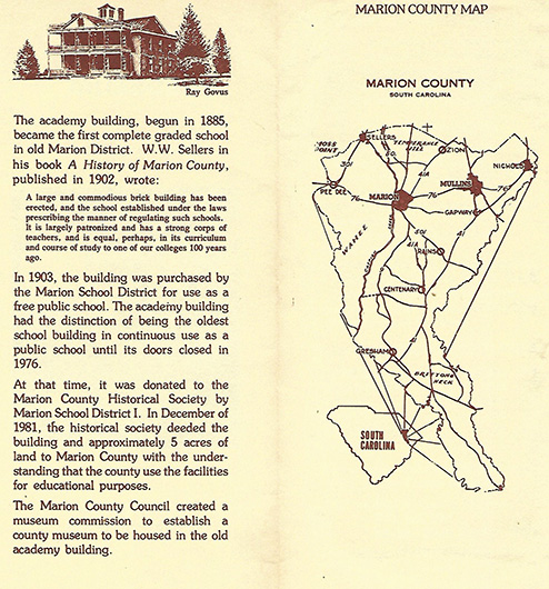 old pamphlet with the history of the museum and a map of marion county